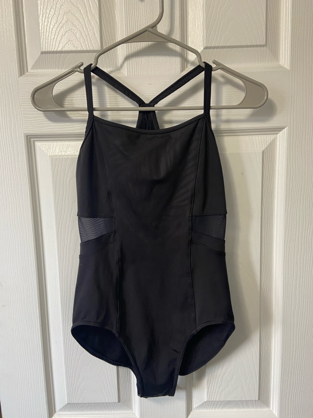 Jozette for Mirella Black Leotard with Mesh Panels and subtle Palm Leaf Appliqué